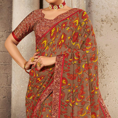 Brown Casual Wear Designer Floral Printed Georgette Saree With Jacquard Lace