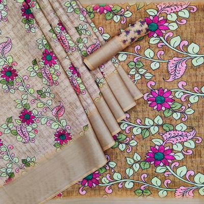Brown Casual Wear Digital Floral Printed Cotton Silk Saree