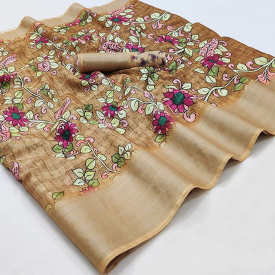 Brown Casual Wear Digital Floral Printed Cotton Silk Saree