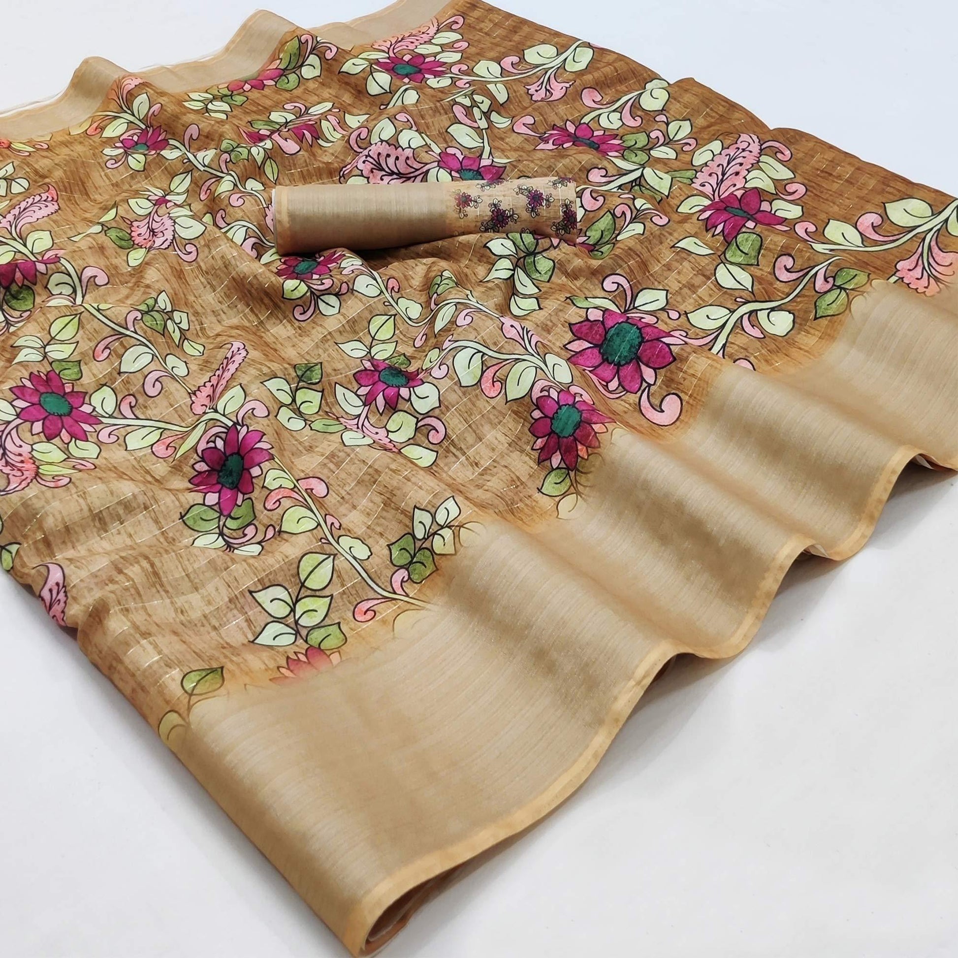 Brown Casual Wear Digital Floral Printed Cotton Silk Saree