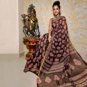 Brown Casual Wear Digital Printed Chanderi Silk Saree