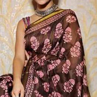 Brown Casual Wear Digital Printed Chanderi Silk Saree