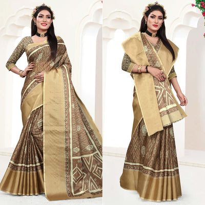 Brown Casual Wear Digital Printed Cotton Silk Saree