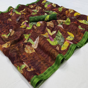 Brown Casual Wear Digital Printed Cotton Silk Saree