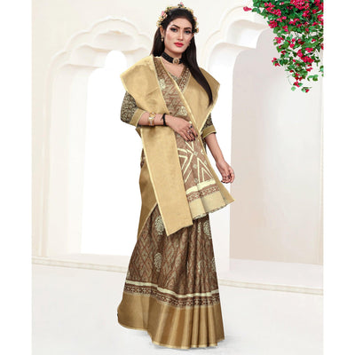 Brown Casual Wear Digital Printed Cotton Silk Saree
