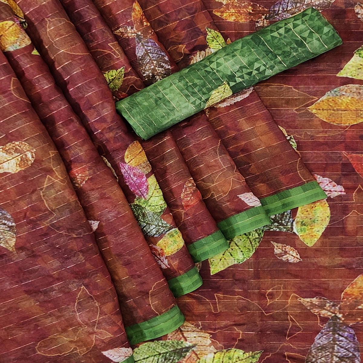 Brown Casual Wear Digital Printed Cotton Silk Saree