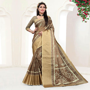 Brown Casual Wear Digital Printed Cotton Silk Saree
