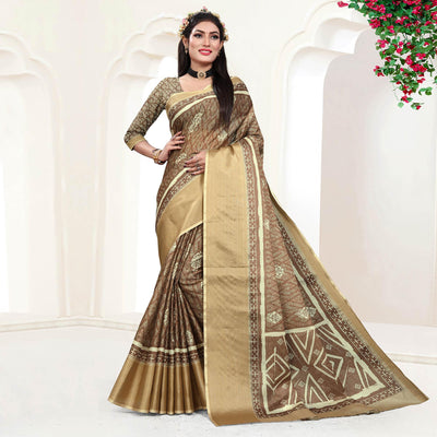 Brown Casual Wear Digital Printed Cotton Silk Saree