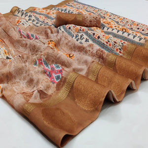 Brown Casual Wear Digital Printed Linen Saree Woven Border
