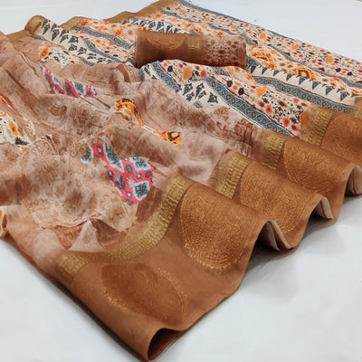 Brown Casual Wear Digital Printed Linen Saree Woven Border