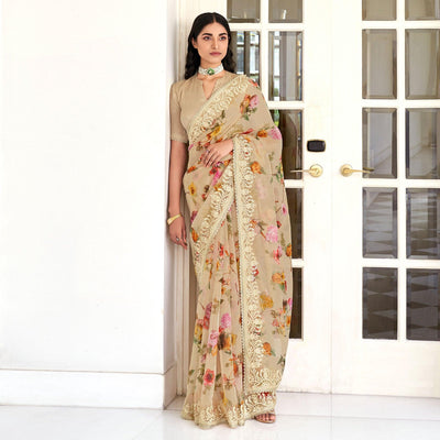 Brown Casual Wear Digital Printed Organza Saree