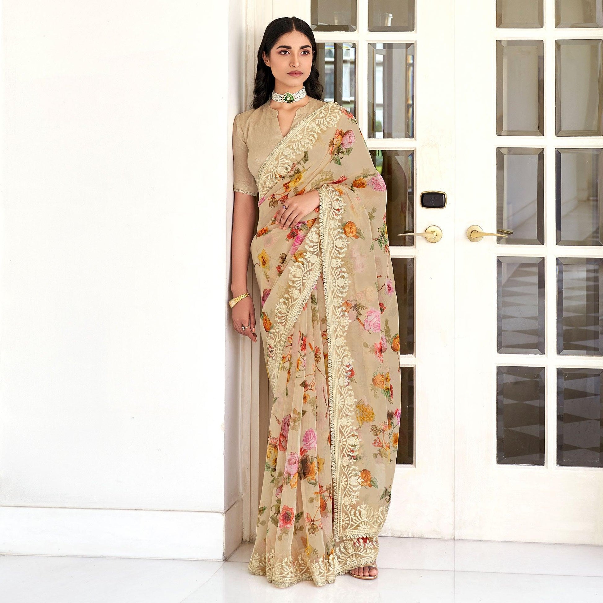 Brown Casual Wear Digital Printed Organza Saree