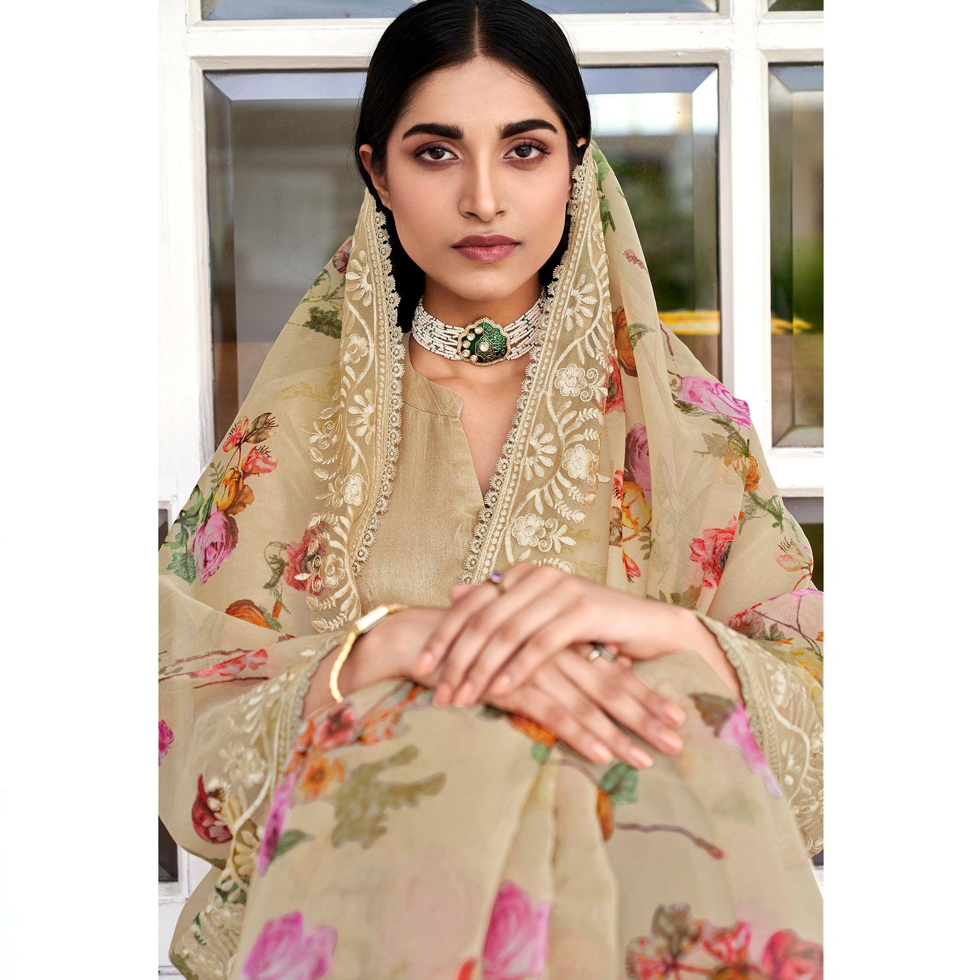 Brown Casual Wear Digital Printed Organza Saree