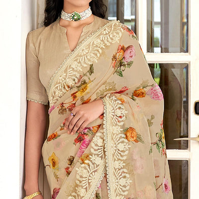 Brown Casual Wear Digital Printed Organza Saree