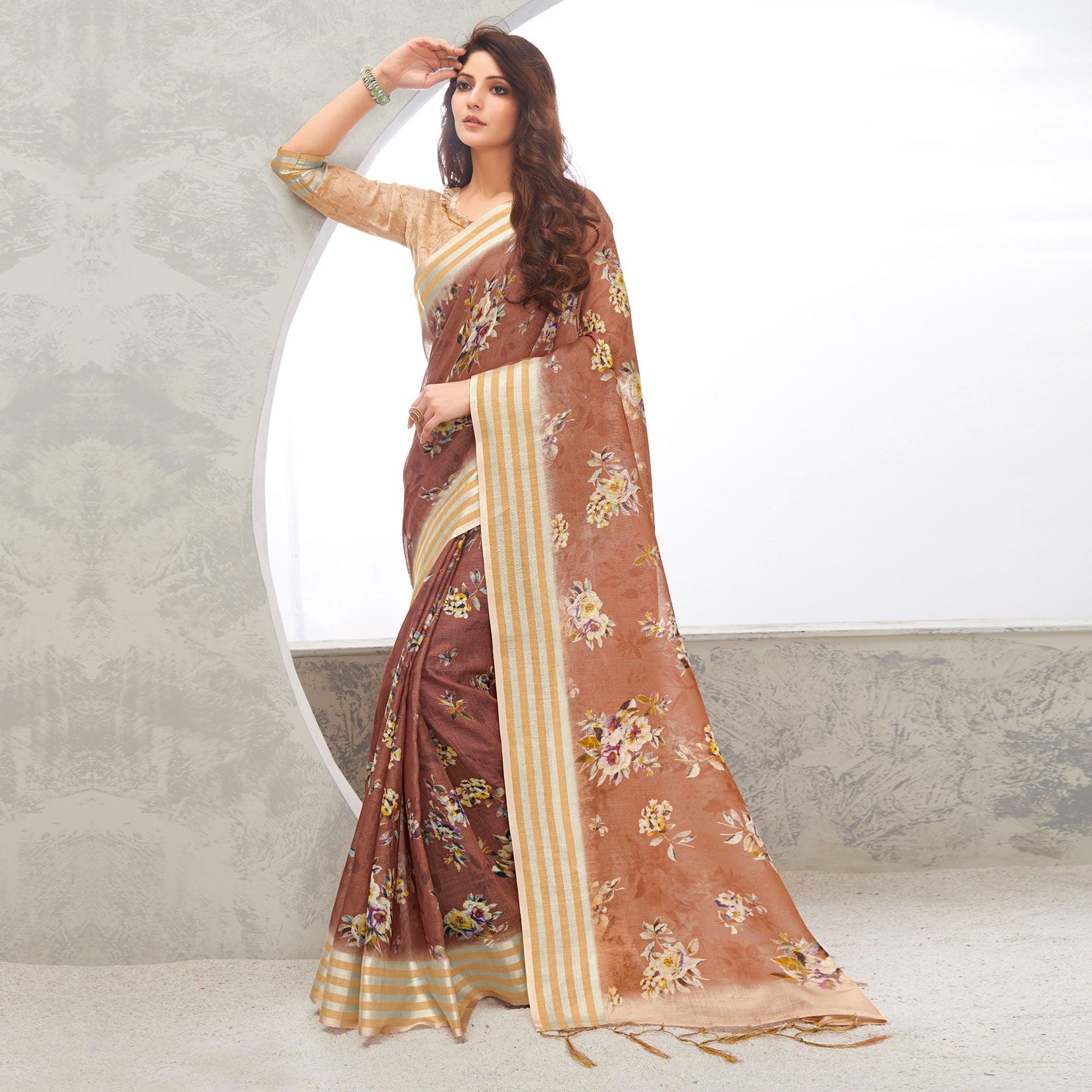 Brown Casual Wear Digital Printed Pure Linen Saree