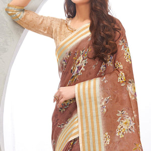 Brown Casual Wear Digital Printed Pure Linen Saree