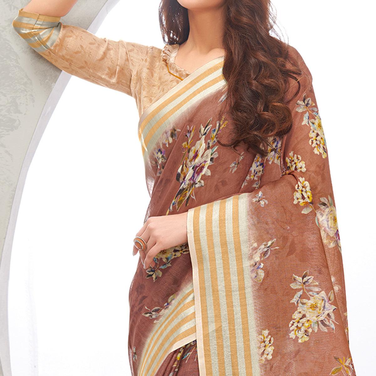 Brown Casual Wear Digital Printed Pure Linen Saree