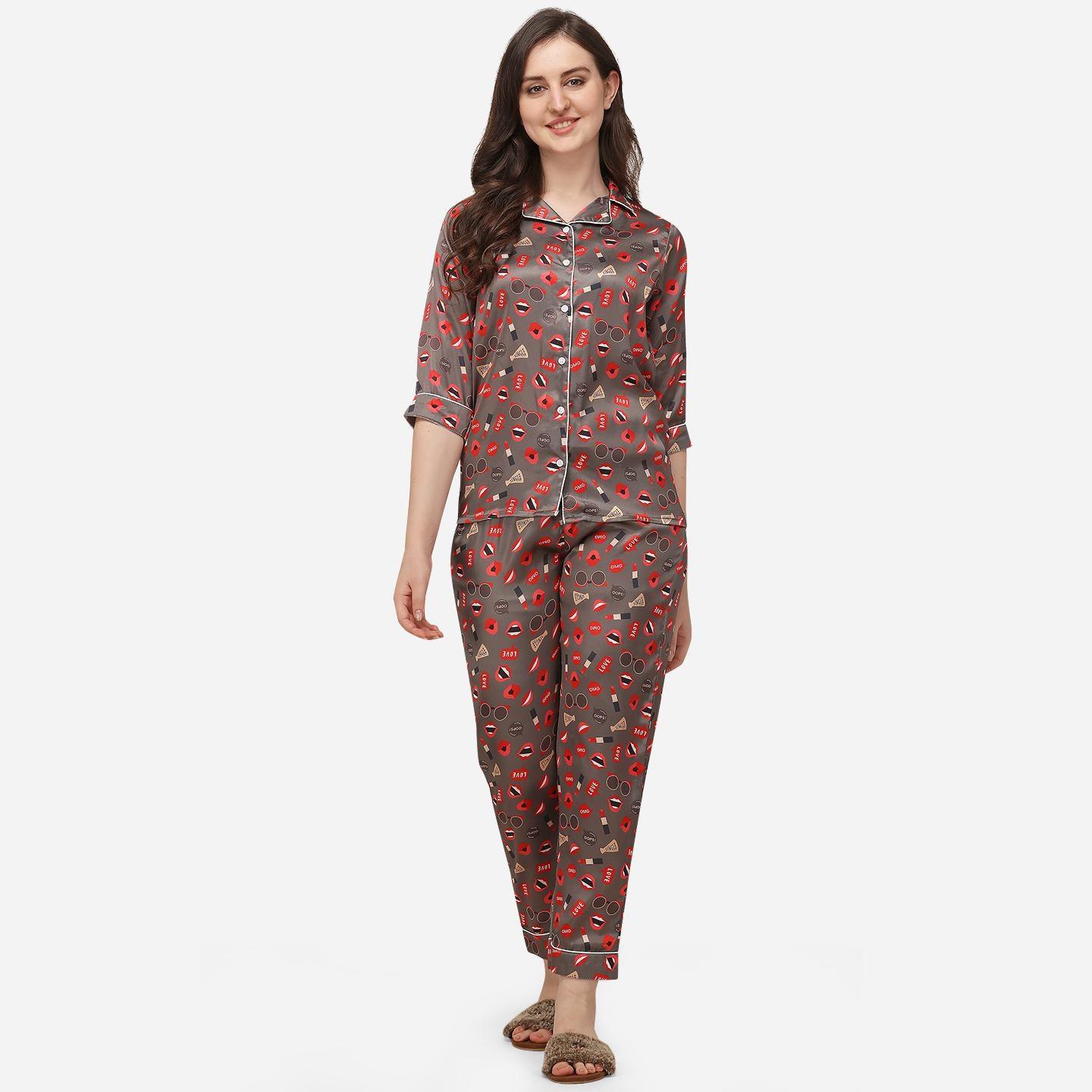 Brown Casual Wear Digital Printed Satin Night Suit