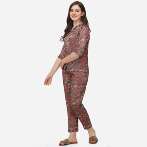 Brown Casual Wear Digital Printed Satin Night Suit