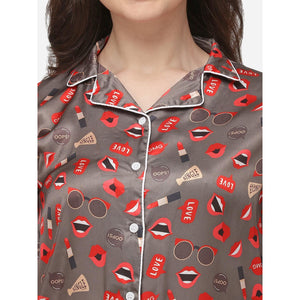 Brown Casual Wear Digital Printed Satin Night Suit