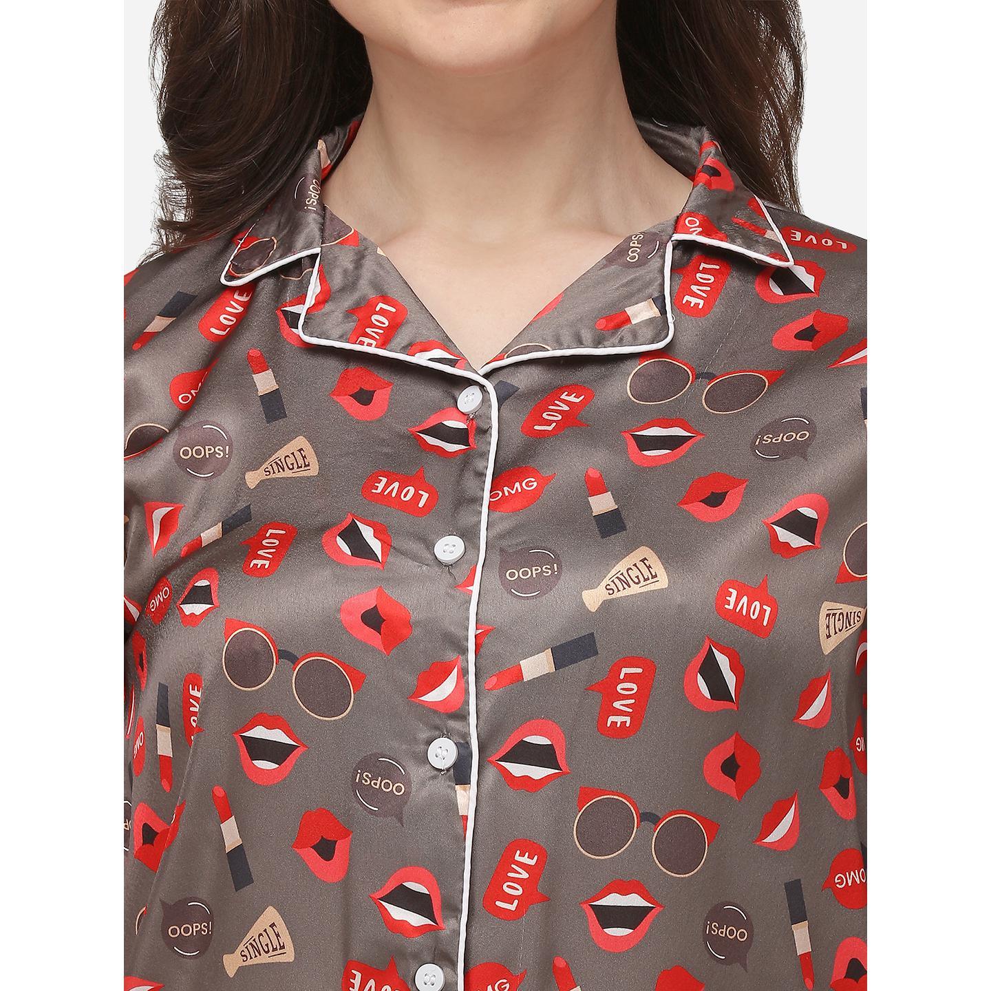 Brown Casual Wear Digital Printed Satin Night Suit
