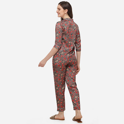 Brown Casual Wear Digital Printed Satin Night Suit
