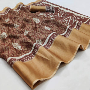 Brown Casual Wear Digital Printed Silk Saree With Zari Jacquard Border
