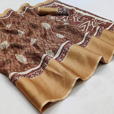 Brown Casual Wear Digital Printed Silk Saree With Zari Jacquard Border