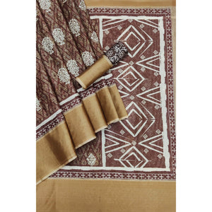 Brown Casual Wear Digital Printed Silk Saree With Zari Jacquard Border