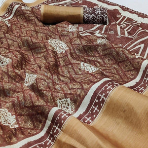Brown Casual Wear Digital Printed Silk Saree With Zari Jacquard Border