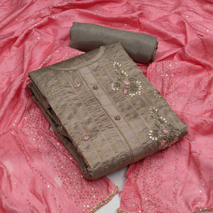 Brown Casual Wear Embroidered Cotton Dress Material