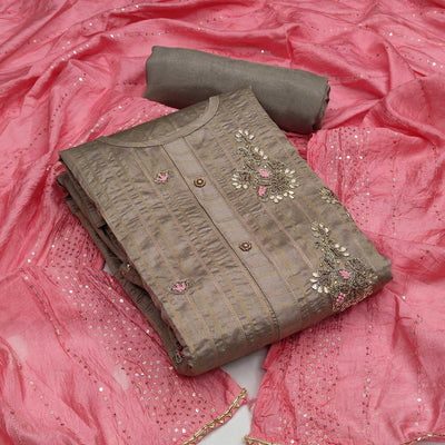 Brown Casual Wear Embroidered Cotton Dress Material