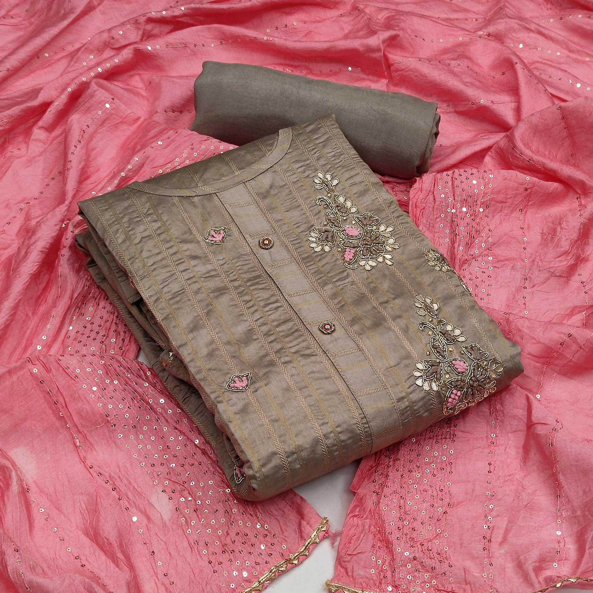 Brown Casual Wear Embroidered Cotton Dress Material
