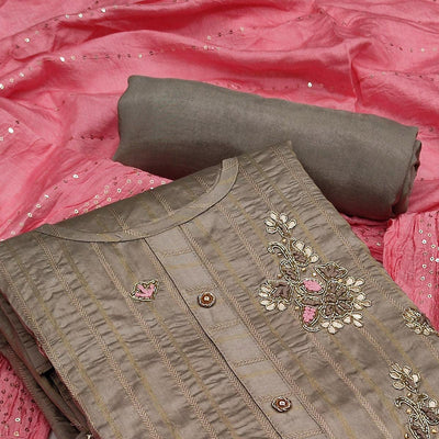 Brown Casual Wear Embroidered Cotton Dress Material