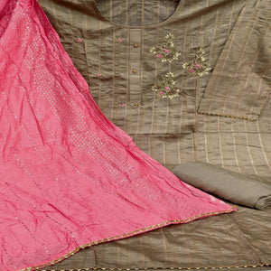 Brown Casual Wear Embroidered Cotton Dress Material