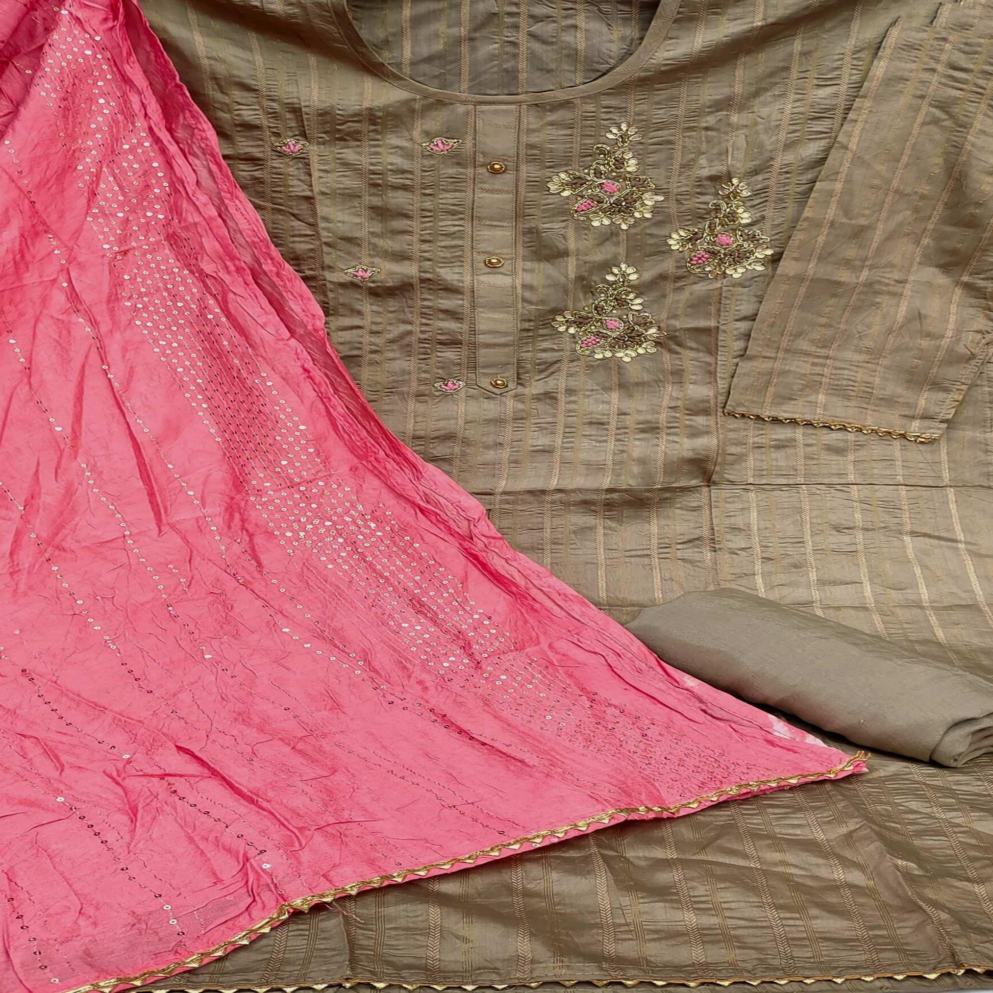 Brown Casual Wear Embroidered Cotton Dress Material