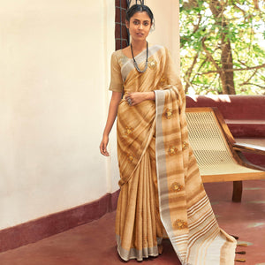 Brown Casual Wear Embroidered Linen Saree With Tassels