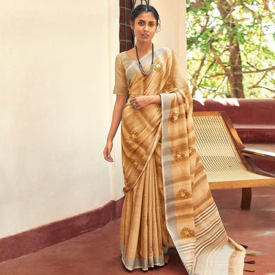 Brown Casual Wear Embroidered Linen Saree With Tassels