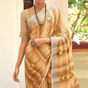 Brown Casual Wear Embroidered Linen Saree With Tassels
