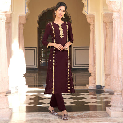 Brown Casual Wear Embroidered Pure Viscose Santoon Pallazo Suit