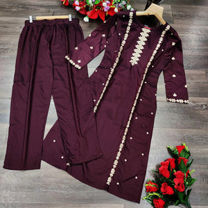 Brown Casual Wear Embroidered Pure Viscose Santoon Pallazo Suit