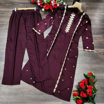Brown Casual Wear Embroidered Pure Viscose Santoon Pallazo Suit