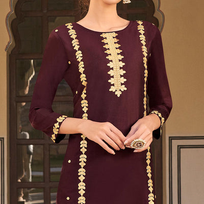 Brown Casual Wear Embroidered Pure Viscose Santoon Pallazo Suit