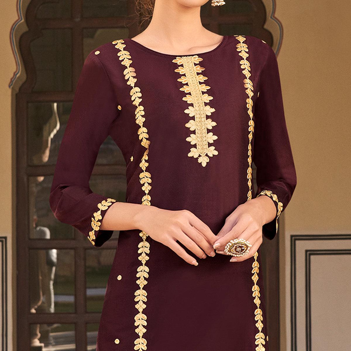 Brown Casual Wear Embroidered Pure Viscose Santoon Pallazo Suit