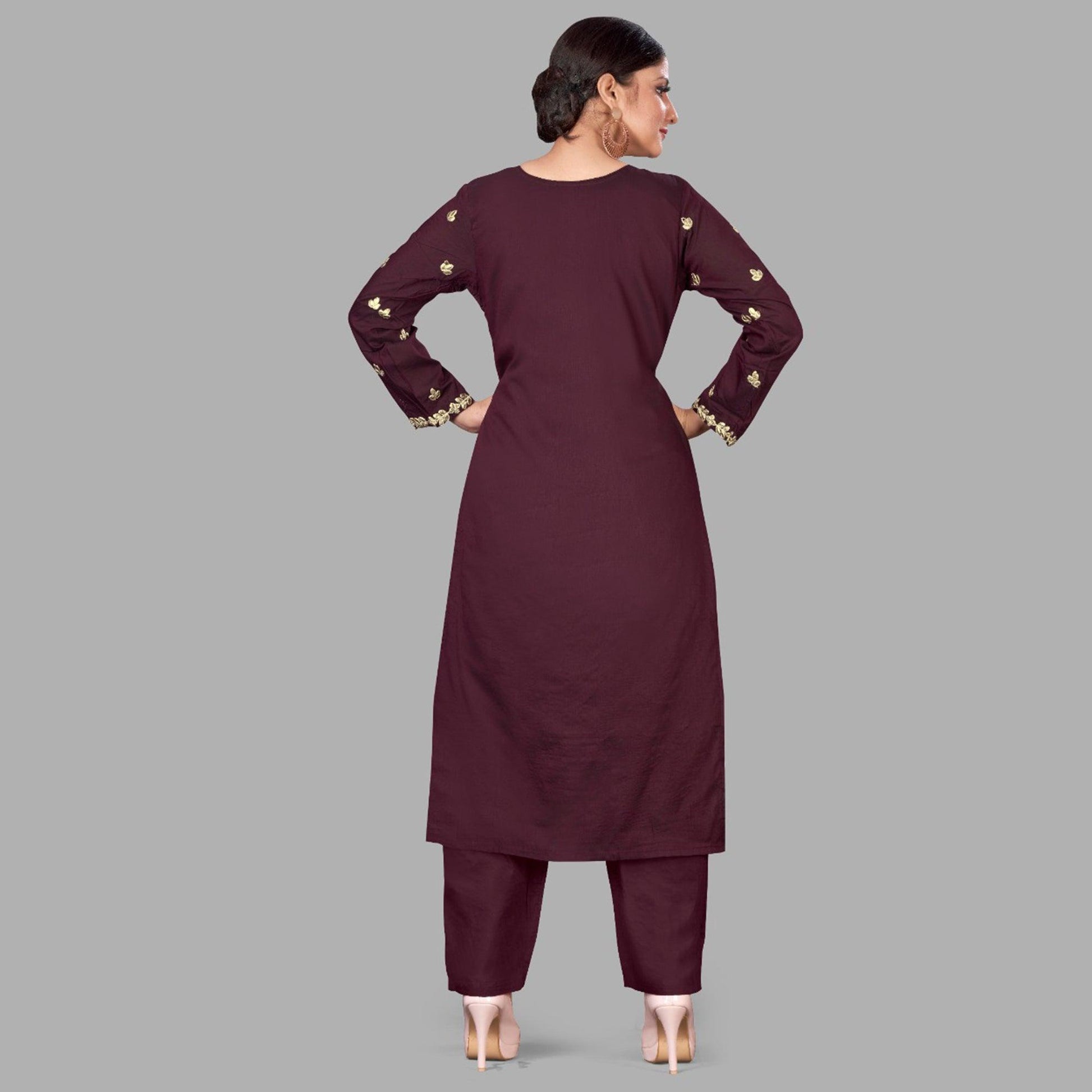 Brown Casual Wear Embroidered Pure Viscose Santoon Pallazo Suit