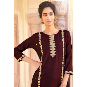 Brown Casual Wear Embroidered Pure Viscose Santoon Pallazo Suit