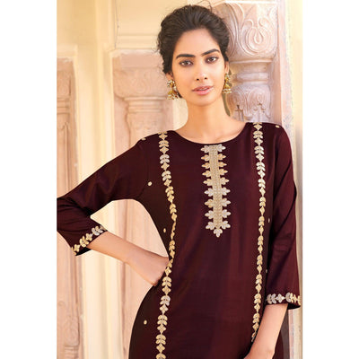 Brown Casual Wear Embroidered Pure Viscose Santoon Pallazo Suit