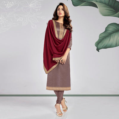 Brown Casual Wear Embroidered Sanaya Silk Dress Material