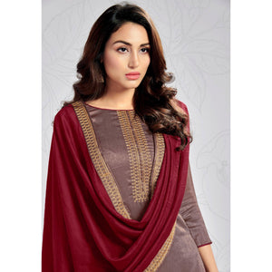 Brown Casual Wear Embroidered Sanaya Silk Dress Material