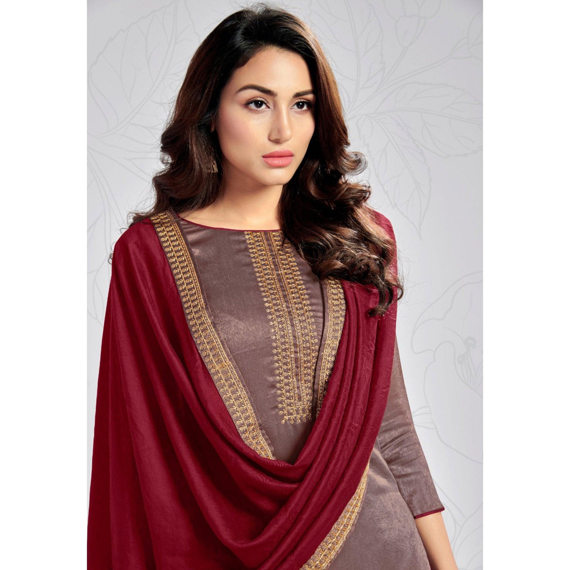 Brown Casual Wear Embroidered Sanaya Silk Dress Material